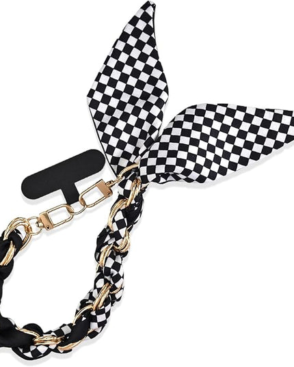 Fycyko Phone Wrist Strap with Gold Metal Scarf and Universal Tether Tab, Aesthetic Print Design Ribbon Chain, Multi-Purpose Accessories for Bag Key Cellphone for Men Women Girls-Black Checkerboard