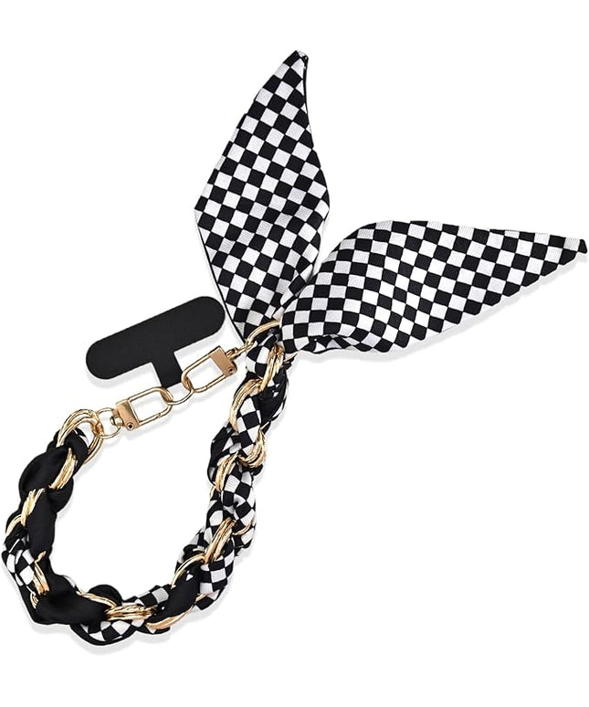 Fycyko Phone Wrist Strap with Gold Metal Scarf and Universal Tether Tab, Aesthetic Print Design Ribbon Chain, Multi-Purpose Accessories for Bag Key Cellphone for Men Women Girls-Black Checkerboard