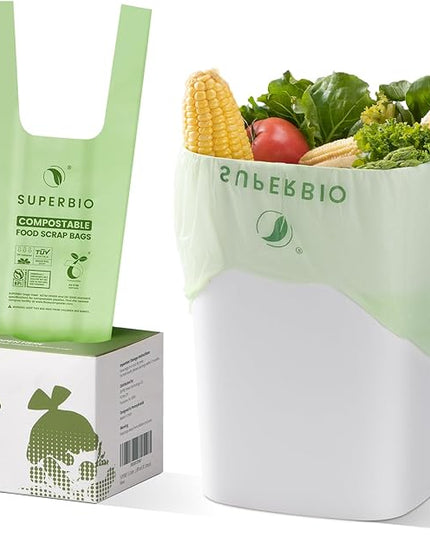 SUPERBIO 3 Gallon Compostable Food Waste Bags, 80 Count, Food Scrap Bags with Handles, ASTM D6400, BPI and OK compost INDUSTRIAL