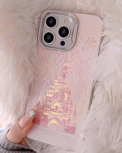 for iPhone 16 Case, Deluxe Fashion Pink Case with Laser 3D Fireworks Castle Design, Premium Case with Bracelet - PC+TPU Shockproof and Drop Resistant for Women and Girls