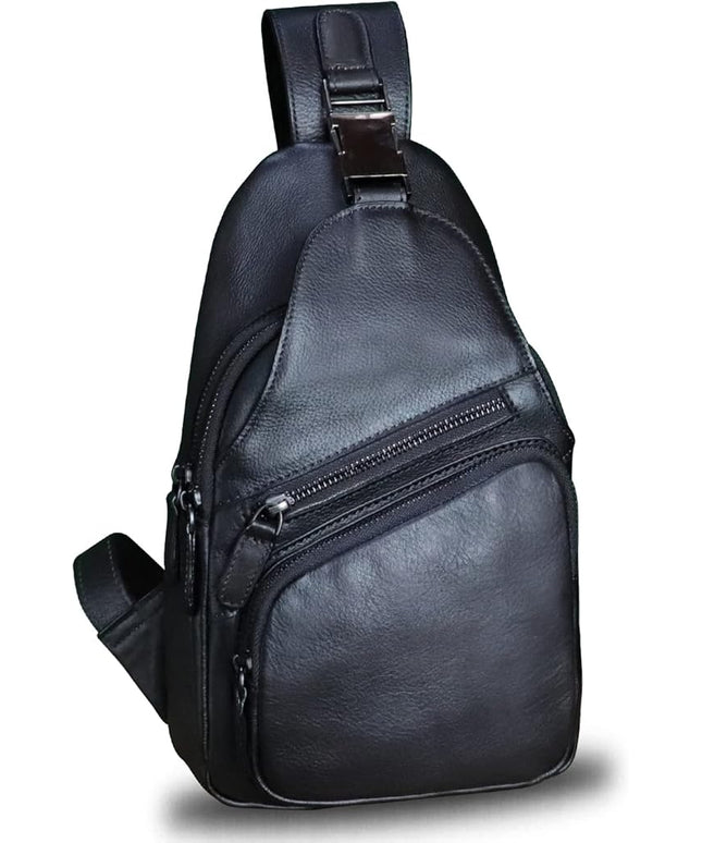 Genuine Leather Sling Bag Crossbody Purse Handmade Hiking Daypack Motorcycle Bag Retro Shoulder Backpack Vintage Chest Bag (Darkgrey)