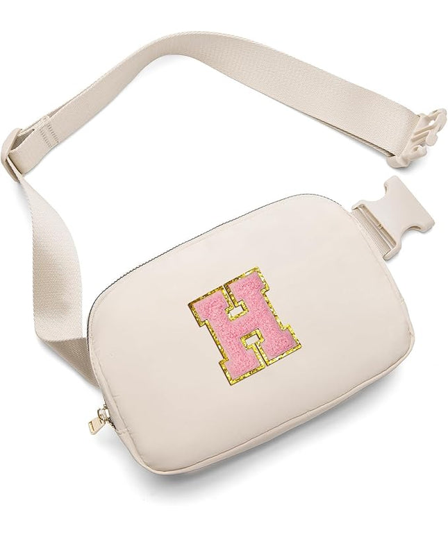 Gitus Belt Bag Fanny Pack Crossbody Bags with Initial Letter Patch Cute Stuff Birthday Gifts for Teenager Girls Trendy Preppy Stuff for Teen Girls(Beige-H)