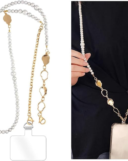 Phone Pearl Lanyard Phone Crossbody Strap,Pearl Beaded+Metal Chain with Tether Tab, Hands-Free Shoulder Cellphone Strap Compatible with Most Phones for Women (H)