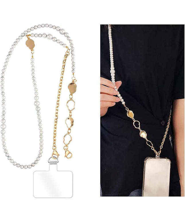Phone Pearl Lanyard Phone Crossbody Strap,Pearl Beaded+Metal Chain with Tether Tab, Hands-Free Shoulder Cellphone Strap Compatible with Most Phones for Women (H)