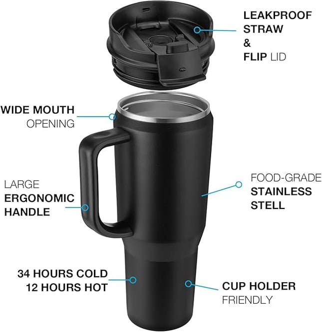 40 oz Insulated Water Bottle Jug with Straw and Handle, Large Metal Sport Water Flask, Stainless Steel Travel Coffee Mug Cup, Thermal Coffee Tumblers with Lid, Indigo Black