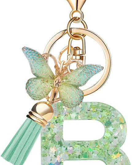 Fashion Alphabet Initial Letter Keychain Tassel Butterfly Pendant Key Ring for Purse Handbags Women Girl