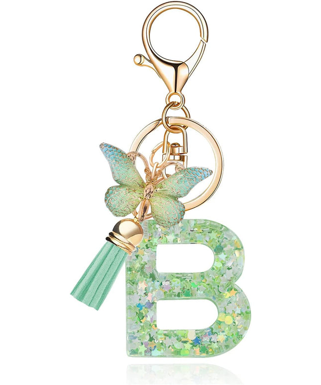 Fashion Alphabet Initial Letter Keychain Tassel Butterfly Pendant Key Ring for Purse Handbags Women Girl