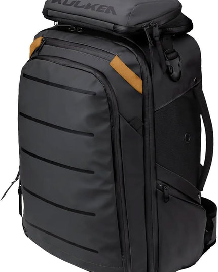 Käydä 44L Travel Backpack - Spacious Carry On Backpack with Detachable Travel Pouch, Magnetic Water Bottle Pocket, Passport and Laptop Pocket - Convertible Boot Bag for Snow Sports (Black/Gold)