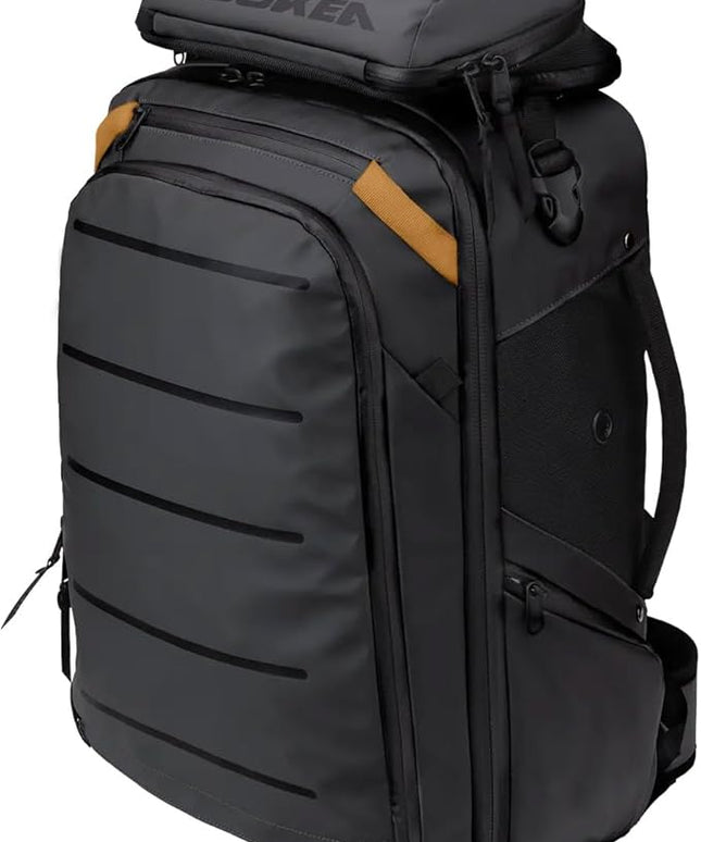 Käydä 44L Travel Backpack - Spacious Carry On Backpack with Detachable Travel Pouch, Magnetic Water Bottle Pocket, Passport and Laptop Pocket - Convertible Boot Bag for Snow Sports (Black/Gold)