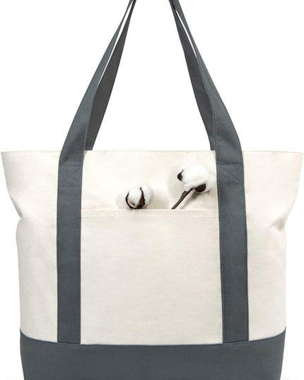 TOPDesign 3-Pack Canvas Tote Bags with an External Pocket, Reusable Grocery Shopping Bags, Top Zipper Closure, Daily Essentials (Grey/Natural)
