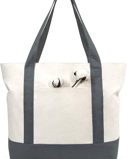 TOPDesign 1-Pack Canvas Tote Bag with an External Pocket, Reusable Grocery Shopping Bag, Top Zipper Closure, Daily Essentials (Grey/Natural)