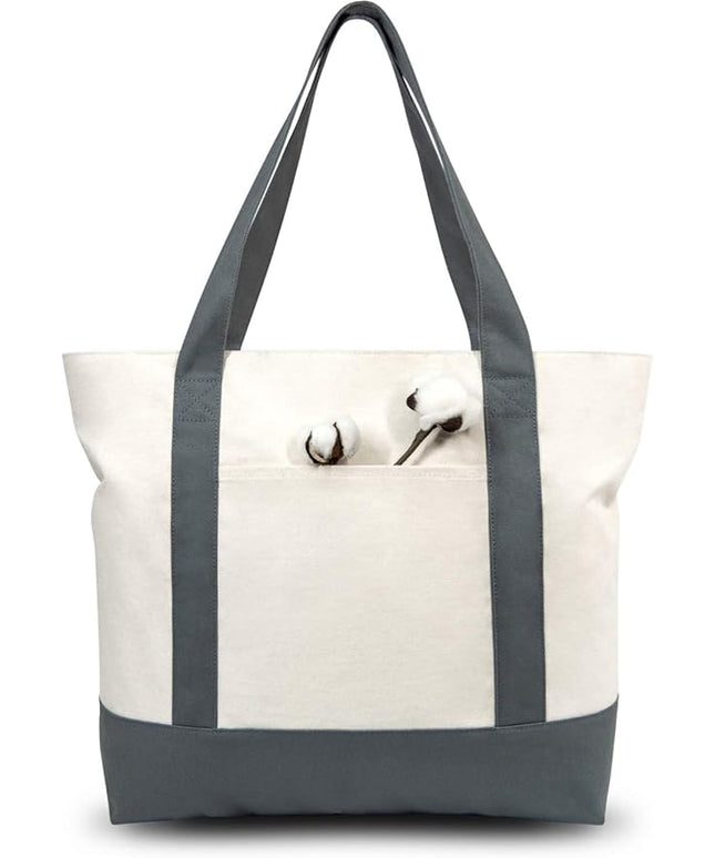 TOPDesign 6-Pack Canvas Tote Bags with an External Pocket, Reusable Grocery Shopping Bags, Top Zipper Closure, Daily Essentials (Grey/Natural)