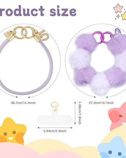 2 Pcs Phone Charm Wrist Strap with Tether Tab, Double Anti Lost Fluff Ball Beaded Wrist Lanyard, Detachable Leather Phone Charms for Bag, Key Chains, Camera Decor