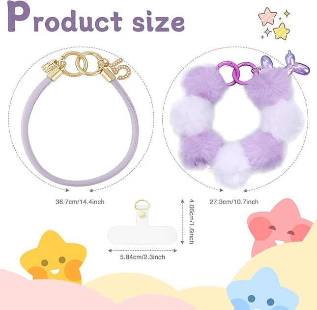 2 Pcs Phone Charm Wrist Strap with Tether Tab, Double Anti Lost Fluff Ball Beaded Wrist Lanyard, Detachable Leather Phone Charms for Bag, Key Chains, Camera Decor