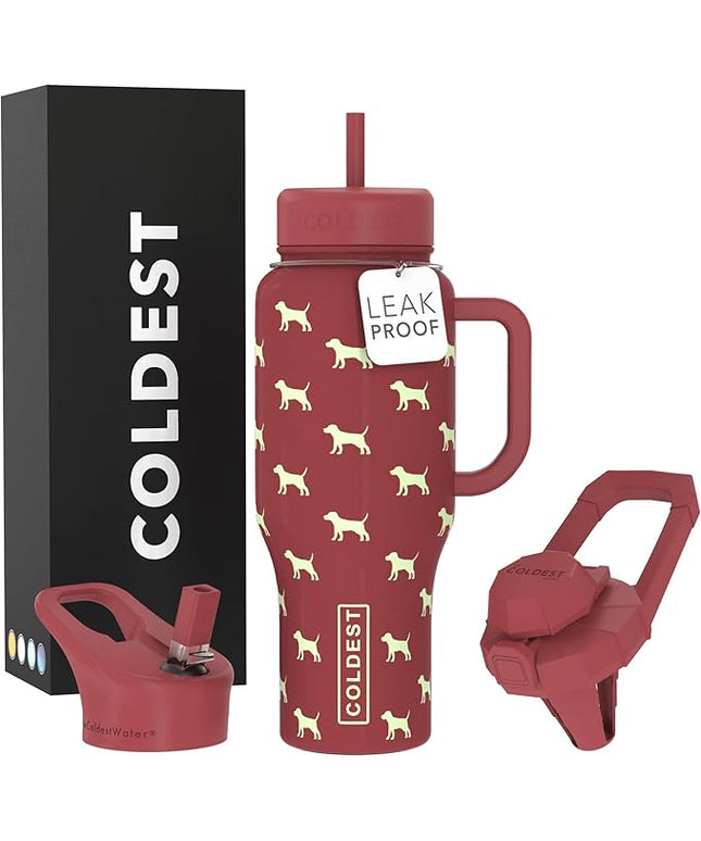 Coldest Tumbler with Handle and Straw - 100% Leak Proof Insulated Tumbler with Lid and Straw (3 Lids) - Stainless Steel Tumblers for Women & Men - Cup Holder Friendly Base, 36 oz (Baby Puppy)