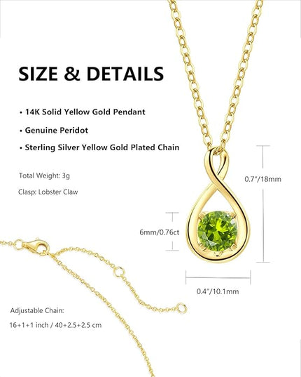 FANCIME 14K Solid Gold Birthstone Pendant with Sterling Silver Chain Infinity Gemstone Necklace Fine Jewelry Anniversary Birthday Christmas Gifts for Women Wife Her