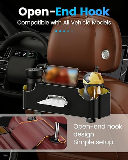 Back Seat Car Organizer, 4-in-1 Car Backseat Organizer with Cup Holder and Storage, Universal Leather Multifunctional Seat Back Storage with Tissue Box,Phone Holder, Trash Bin & Hooks (RED)