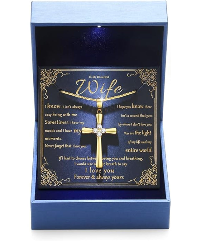 Gold Moissanite Cross Necklace for Women Wife in Light-Up Gift Box,Love Card - Women Anniversary Birthday Gifts Ideas for Wife Her Girlfriend, Christian Cross Chain Jewelry 1CT (18K Real Gold Filled)