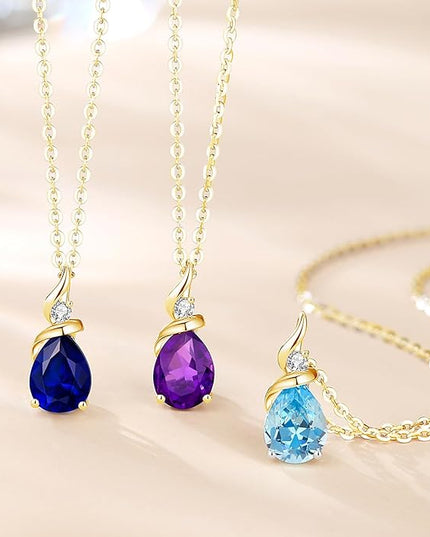 FANCIME 14K Solid Yellow Gold Birthstone Pendant Necklace for Women with Diamond Pear Shaped Teardrop Necklace Birthday Gifts for Mom Women Sterling Silver Chain 16" + 2" Extender