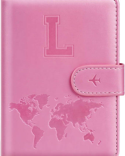 Passport Holder Cover Initail Letter A-Z Travel Wallet Embossed Design RFID Blocking Card Holder Personalized Gift Passport Cover Wallet, Passport Book Holders for Women and Girls, Pink-L