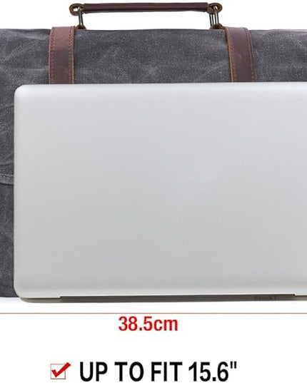 Mens Messenger Bag 15.6 Inch Waterproof Vintage Genuine Leather Waxed Canvas Briefcase Large Satchel Shoulder Bag Rugged Leather Computer Laptop Bag, Grey