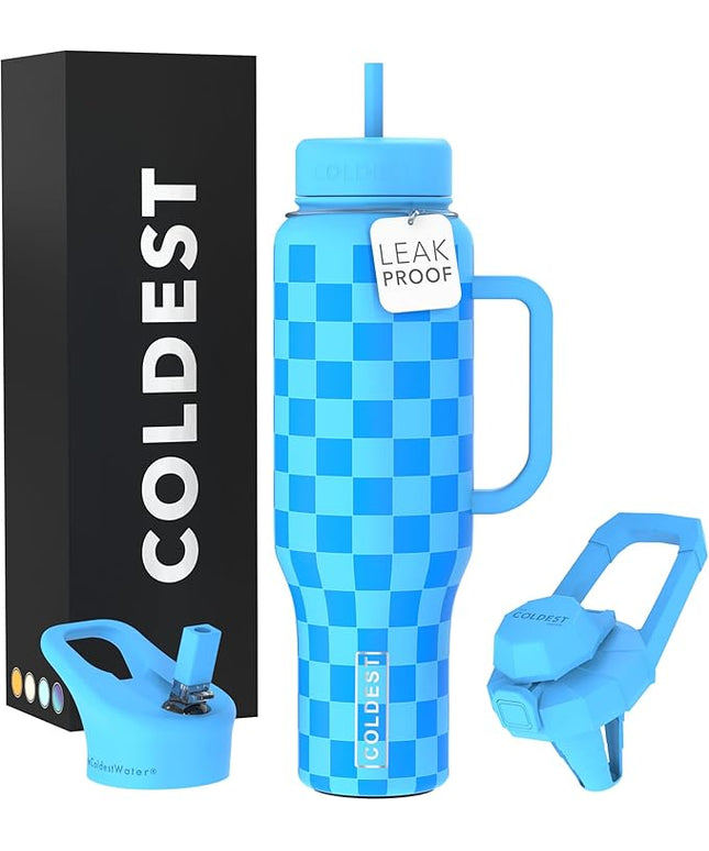 Coldest Tumbler with Handle and Straw - 100% Leak Proof Insulated Tumbler with Lid and Straw (3 Lids) - Stainless Steel Tumblers for Women & Men - Cup Holder Friendly Base, 46 oz (Blue Checkers)