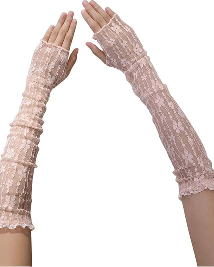 SHENHE Women's Sheer Lace Tulle Gloves Fingerless Elbow Length Arm Sleeves Mittens