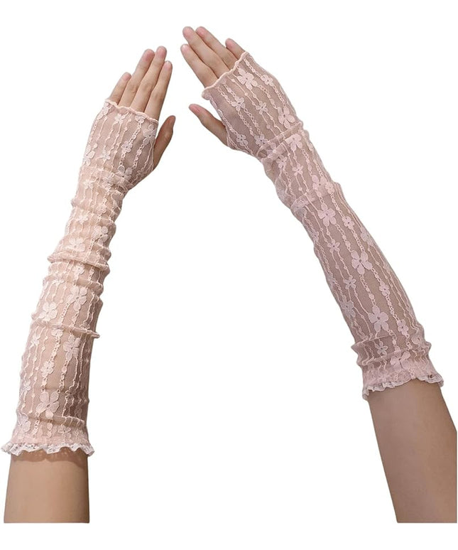 SHENHE Women's Sheer Lace Tulle Gloves Fingerless Elbow Length Arm Sleeves Mittens
