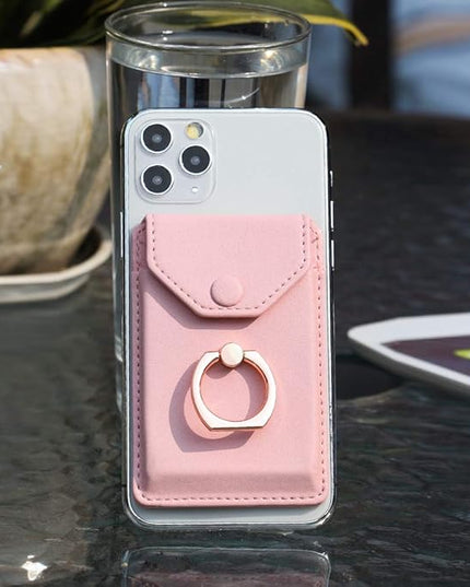 Cell Phone Card Holder RFID Ring Stand Stick on Wallet Card Holder for Back of Phone iPhone Android and All Smartphones Adhesive Credit Card Holder Pink