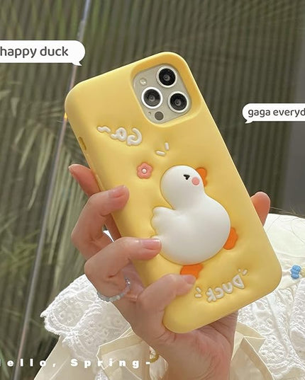 Case Compatible with iPhone 15,Cute 3D Kawaii Funny Whit Duck Cartoon Cover with Keychain Soft Silicone Gel Drop Protector Women Girls