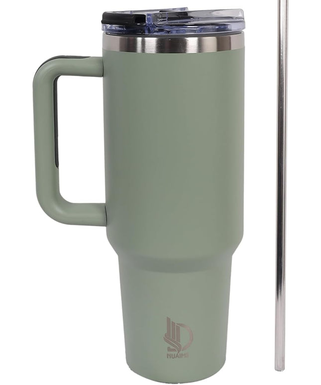 40oz Insulated Tumbler with Handle, Leakproof Straw Lid & Carry Handle - Double Wall Vacuum Insulation Keeps Ice 24 Hours, BPA Free Stainless Steel Water Bottle (Olive Green)