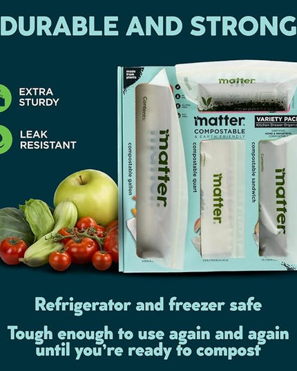 Matter Compostable Assorted Kitchen Bags, 230 Count, Biodegradable, Eco-Friendly Resealable Food Storage Variety Pack, 80 Snack, 80 Sandwich, 50 Quart & 20 Gallon