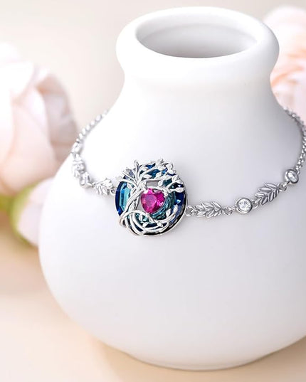 TOUPOP Tree of Life Birthstone Bracelet 925 Sterling Silver Family Tree Austrian Crystal Jewelry Anniversary Birthday Christmas Gifts for Women Wife Girlfriend Her