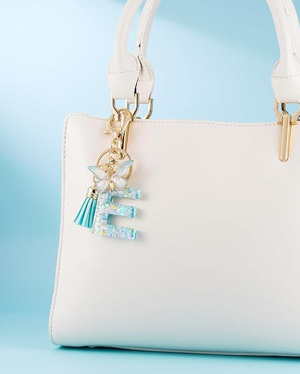 Fashion Alphabet Initial Letter Keychain Tassel Butterfly Pendant Key Ring for Purse Handbags Women Girl