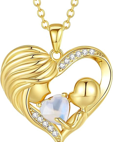FANCIME Mom Birthstone Necklace Mother and Child Love Heart Necklace I Love You Mom Gifts Mothers Day Birthstone Jewelry Gifts for Grandmother Women Wife, 16"+2" Inches