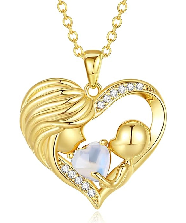 FANCIME Mom Birthstone Necklace Mother and Child Love Heart Necklace I Love You Mom Gifts Mothers Day Birthstone Jewelry Gifts for Grandmother Women Wife, 16"+2" Inches