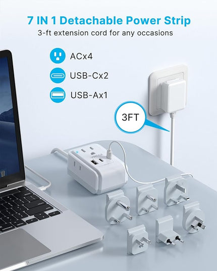VINTAR Universal Travel Adapter Kit, 3ft Detachable Extension Cord with 4 AC Outlets & 3 USB(2 USB C), Type A/C/G/D/I/M International Power Adaptor for US to Europe UK India South Africa Japan