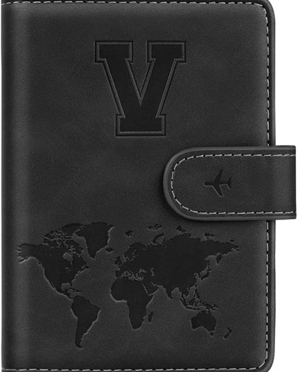 Passport Holder Wallet Cover Personalized Letter A-Z Travel Wallet RFID Blocking Passport Cover Wallet Case for Travel Passport Book Holders for Women and Men, Black-V