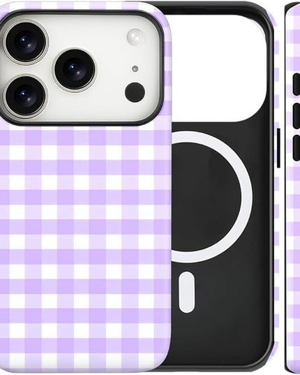 Magnetic for iPhone 17 Pro Max Case Cute Checkered Stripes Phone Case for Women Girls, Shockproof Slim TPU and Hard PC Protective Phone Cover Compatible with MagSafe Designed, Purple