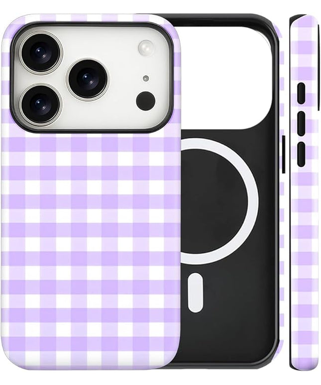 Magnetic for iPhone 17 Pro Max Case Cute Checkered Stripes Phone Case for Women Girls, Shockproof Slim TPU and Hard PC Protective Phone Cover Compatible with MagSafe Designed, Purple