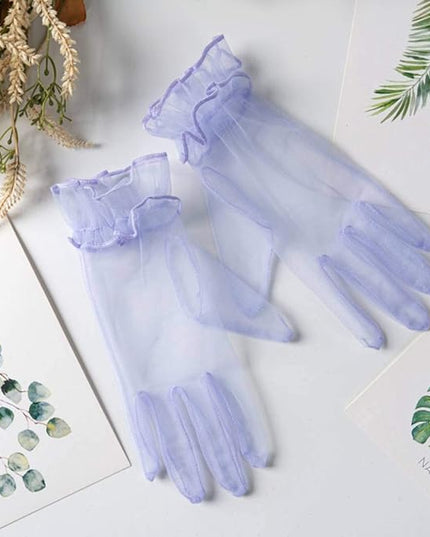 Women's Summer Tulle Gloves Pleated Ruffle Full Finger Wrist Length Opera Party Gloves