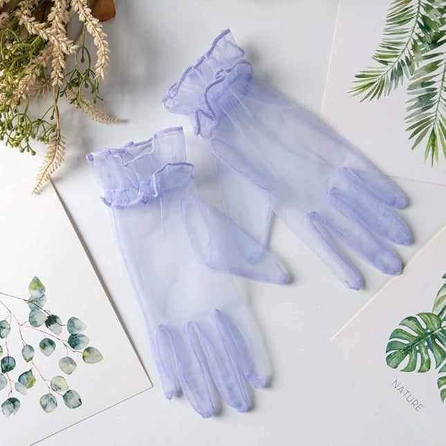 Women's Summer Tulle Gloves Pleated Ruffle Full Finger Wrist Length Opera Party Gloves