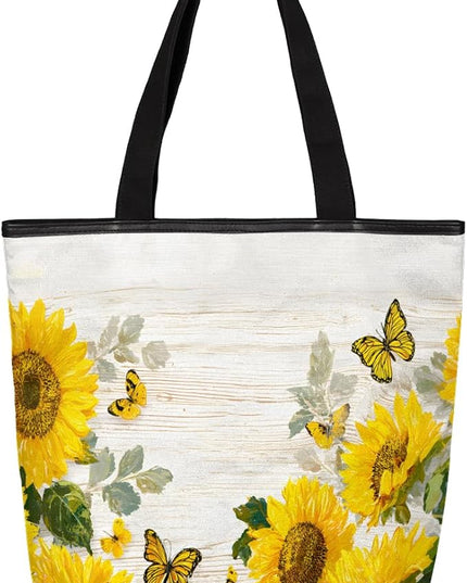 Pardick Canvas Tote Bags, Sunflower Wood Butterfly Tote Bag Eco Friendly Reusable Grocery Shopping Bagsfor Beach, Books, Women with Zipper Inner Pocket