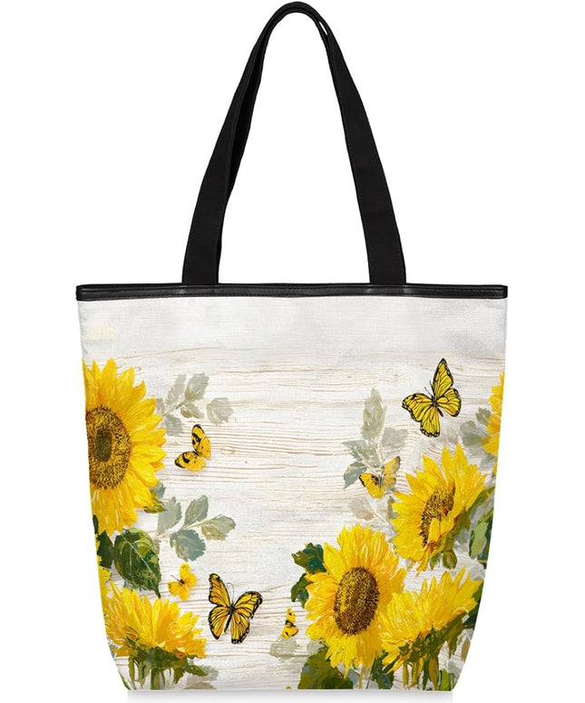 Pardick Canvas Tote Bags, Sunflower Wood Butterfly Tote Bag Eco Friendly Reusable Grocery Shopping Bagsfor Beach, Books, Women with Zipper Inner Pocket