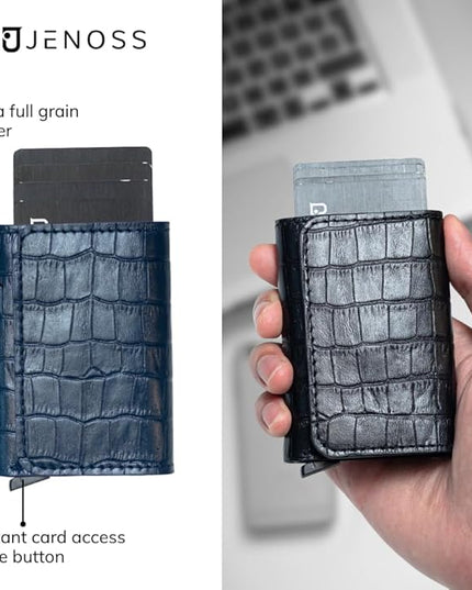 Jenoss Smart Wallet For Men: Full Grain Leather, Slide Metal Pop Up Case, Slim RFID Blocking Credit Card Holder, Minimalist, Compact, 6-8 Cards Organizers, Front Pocket, Money Clip (Navy 2)