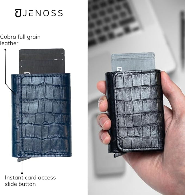 Jenoss Smart Wallet For Men: Full Grain Leather, Slide Metal Pop Up Case, Slim RFID Blocking Credit Card Holder, Minimalist, Compact, 6-8 Cards Organizers, Front Pocket, Money Clip (Navy 2)