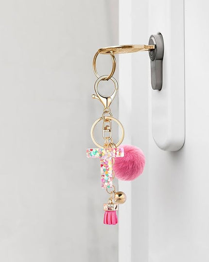 Resin Alphabet Initial Letter Keychain Keyring for Women Purse Handbags With Fur Ball Pom