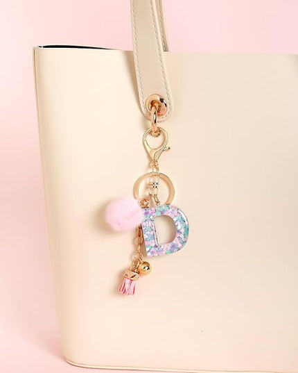 Resin Alphabet Initial Letter Keychain Keyring for Women Purse Handbags With Fur Ball Pom