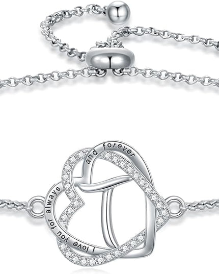 TOUPOP Gifts for Women Heart Initial Bracelet 925 Sterling Silver Double Heart Bracelet Birthday Jewelry Birthday Christmas Gifts for Her Wife Girlfriend