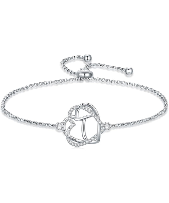 TOUPOP Gifts for Women Heart Initial Bracelet 925 Sterling Silver Double Heart Bracelet Birthday Jewelry Birthday Christmas Gifts for Her Wife Girlfriend